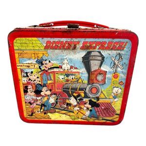 Vintage Disney Express Metal Lunchbox Train Theme Mickey Mouse Distress Red READ